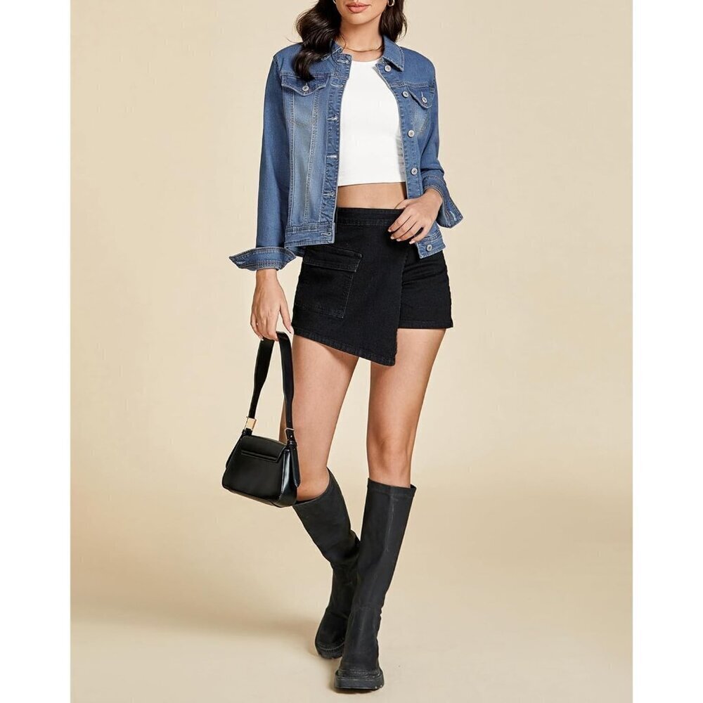 Women's Basic Long Sleeves Button Down Fitted Denim Jean Jacket Vintage Blue - Picture 5 of 9